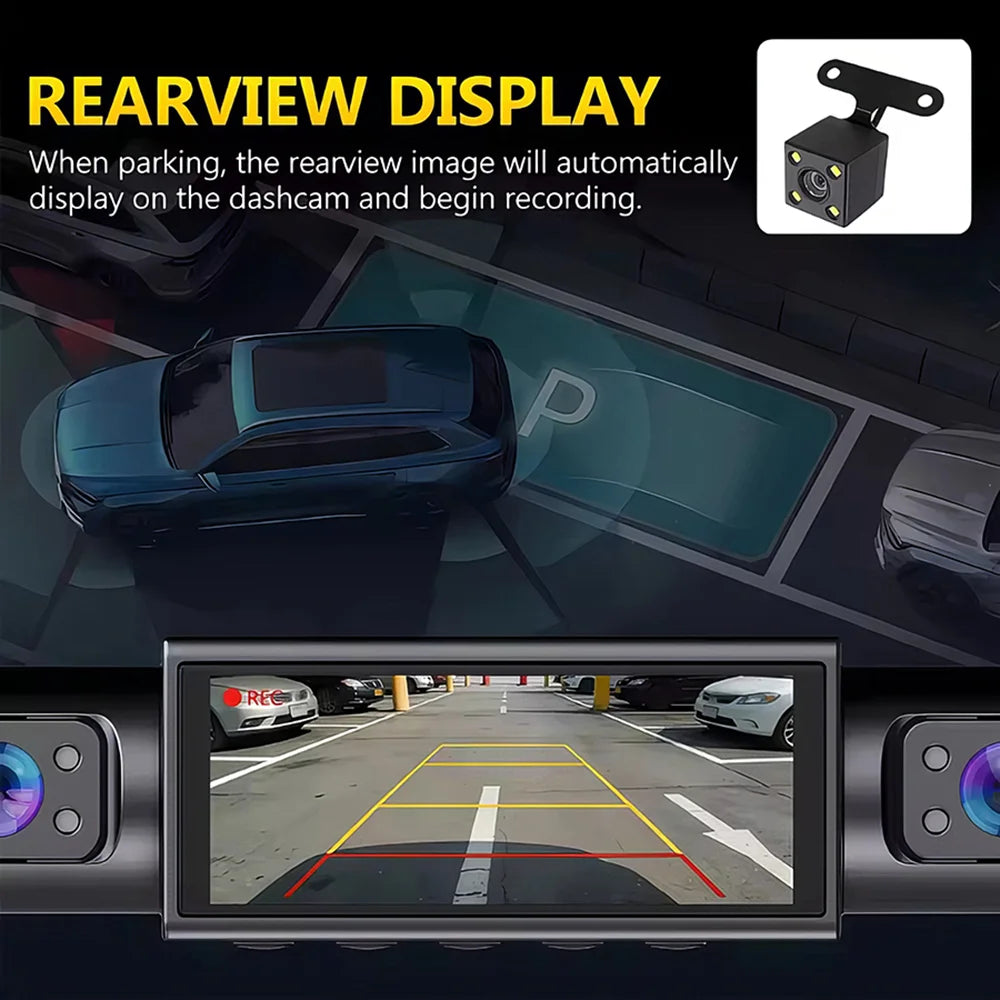 Rearview display feature of a car dashcam showing a parking view and recording screen.