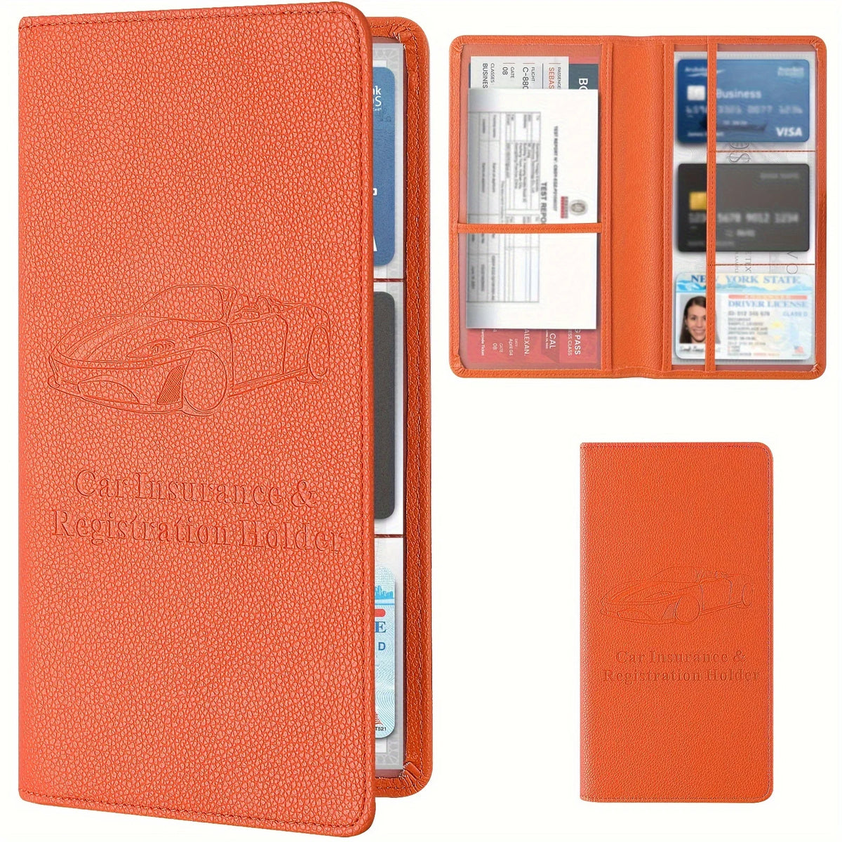 An orange faux leather document organizer featuring slots for car insurance and registration holders.