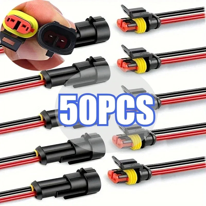 A collection of 50 durable black wire connectors with red and yellow insulation for automotive and marine use.