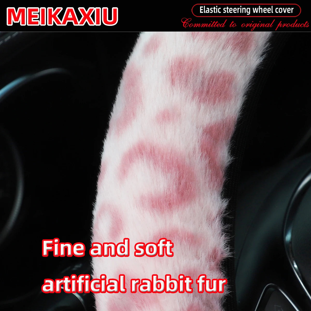 Close-up of a pink and white artificial rabbit fur elastic steering wheel cover.