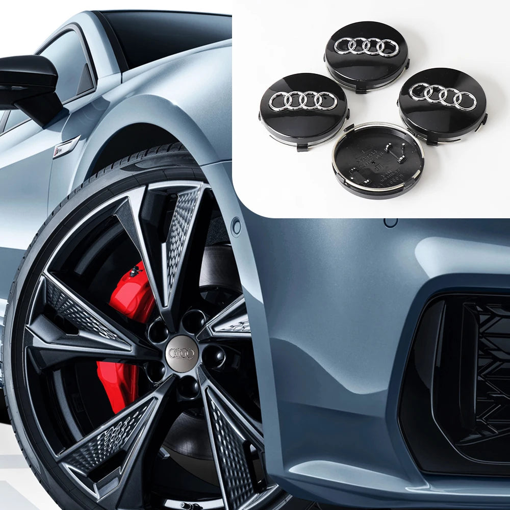 Tapacubos decorativos centrales para Audi y Porsche con diseños negros y plateados.