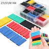 A kit of heat shrink tubing in various colors including yellow, red, blue, and green, packaged in a clear plastic box.