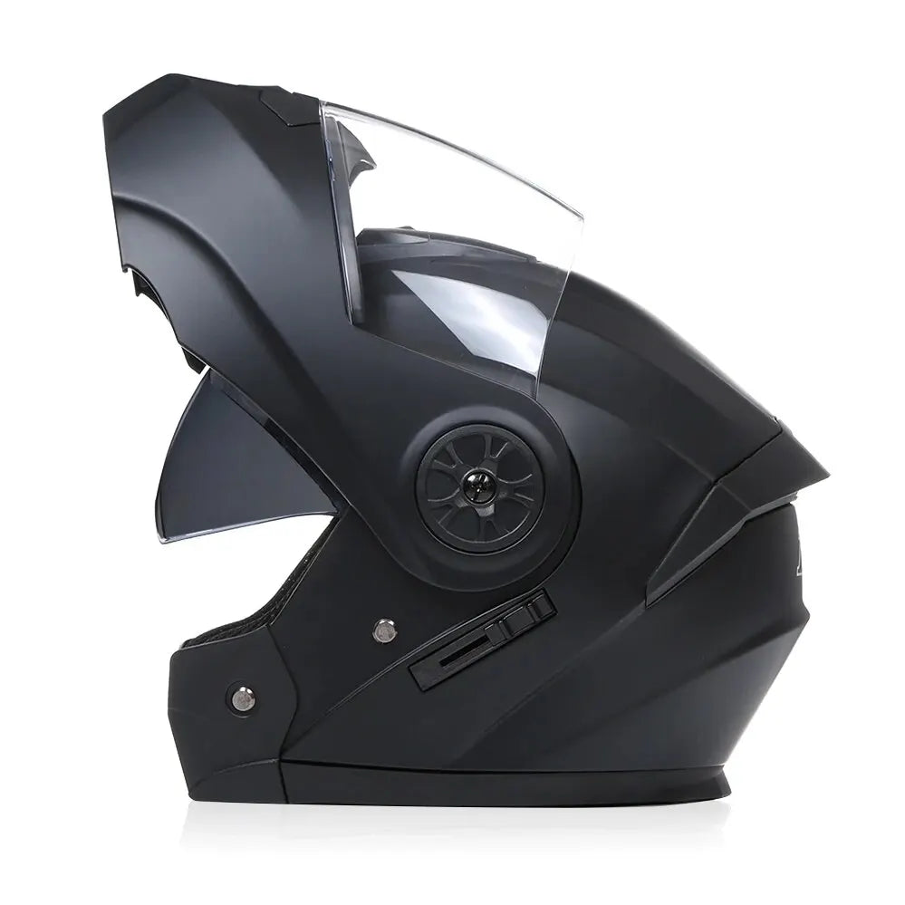 A black personalized dual-lens flip-up motorcycle helmet is shown from the side.