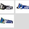 A pair of blue and black motocross goggles with a white logo on a white background.