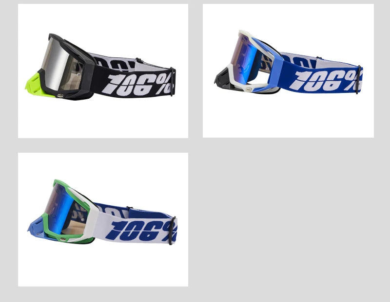 A pair of blue and black motocross goggles with a white logo on a white background.