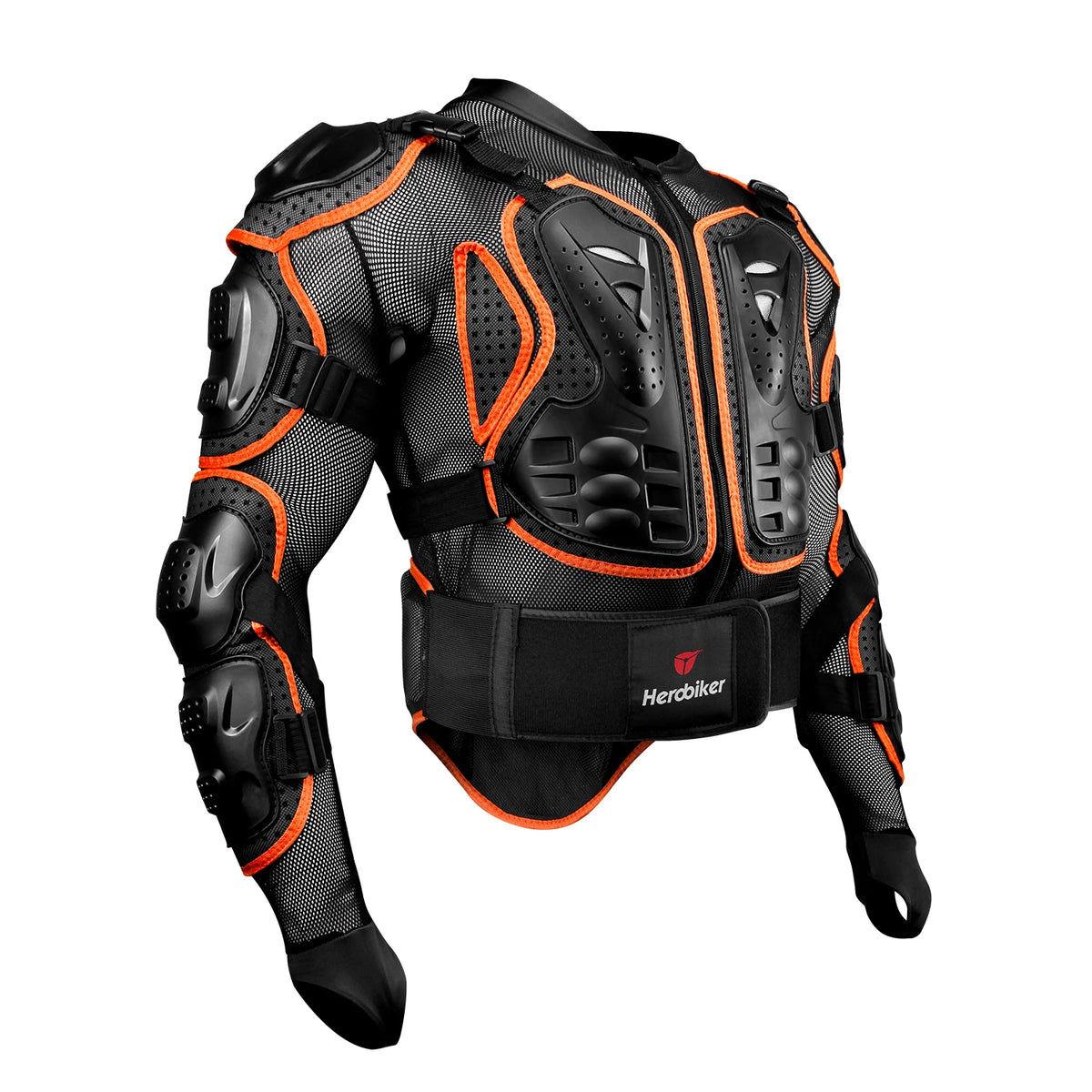 Black and orange heavy-duty motocross riding jacket with armored features