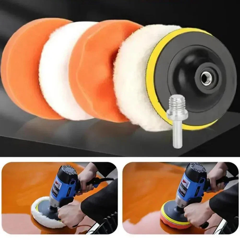 A professional car polishing pad kit showing various colored foam pads and a power tool being used on a car surface.