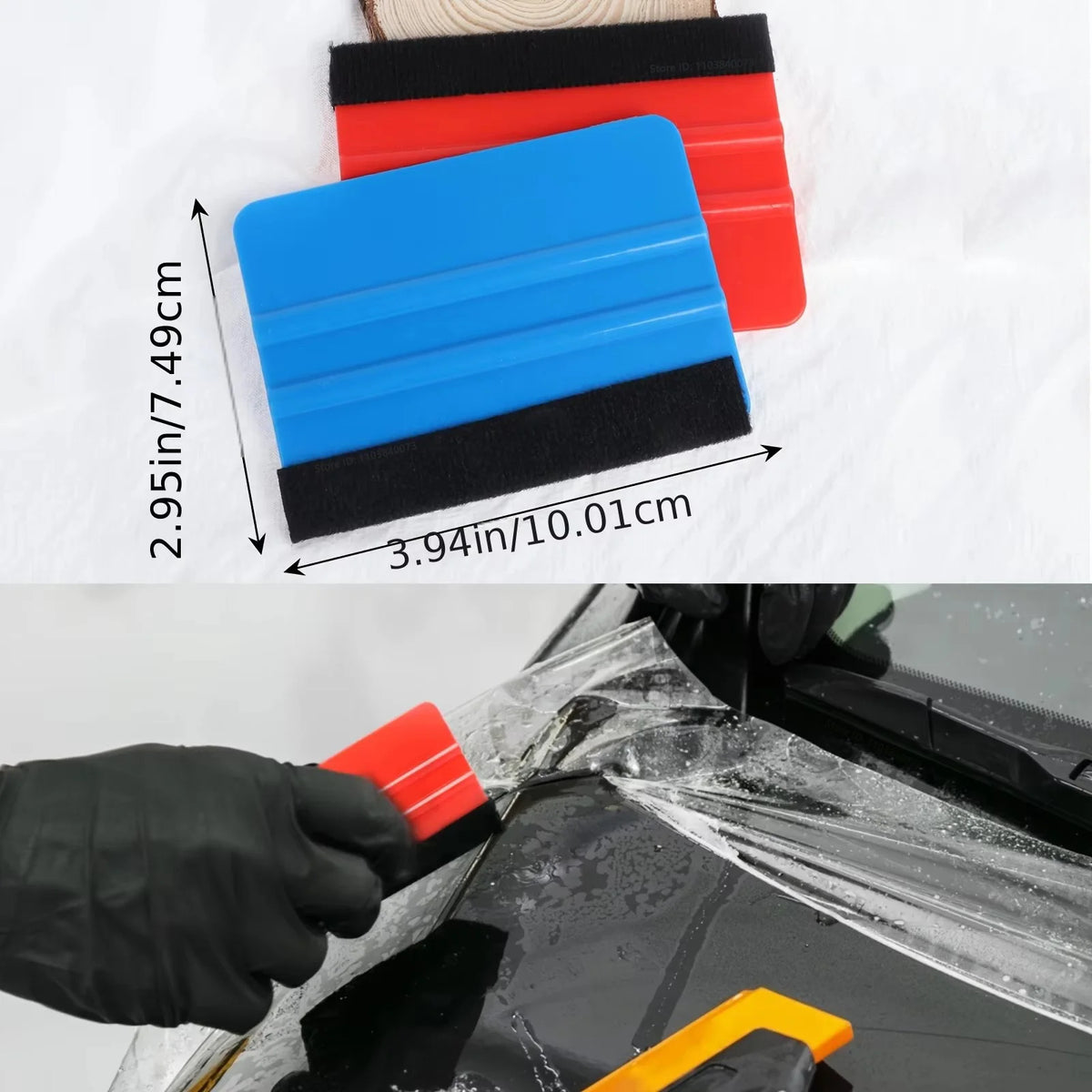 A hand is using a professional window tint installation tool kit to apply film to a car window.