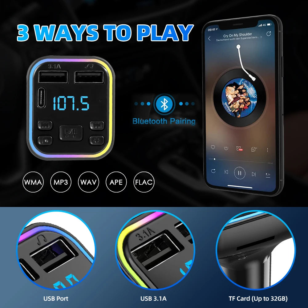 Image showing three ways to play a Bluetooth 5.0 car audio transmitter including USB port and TF card options