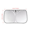 A silver foldable car windshield sunshade measuring 145cm by 80cm.