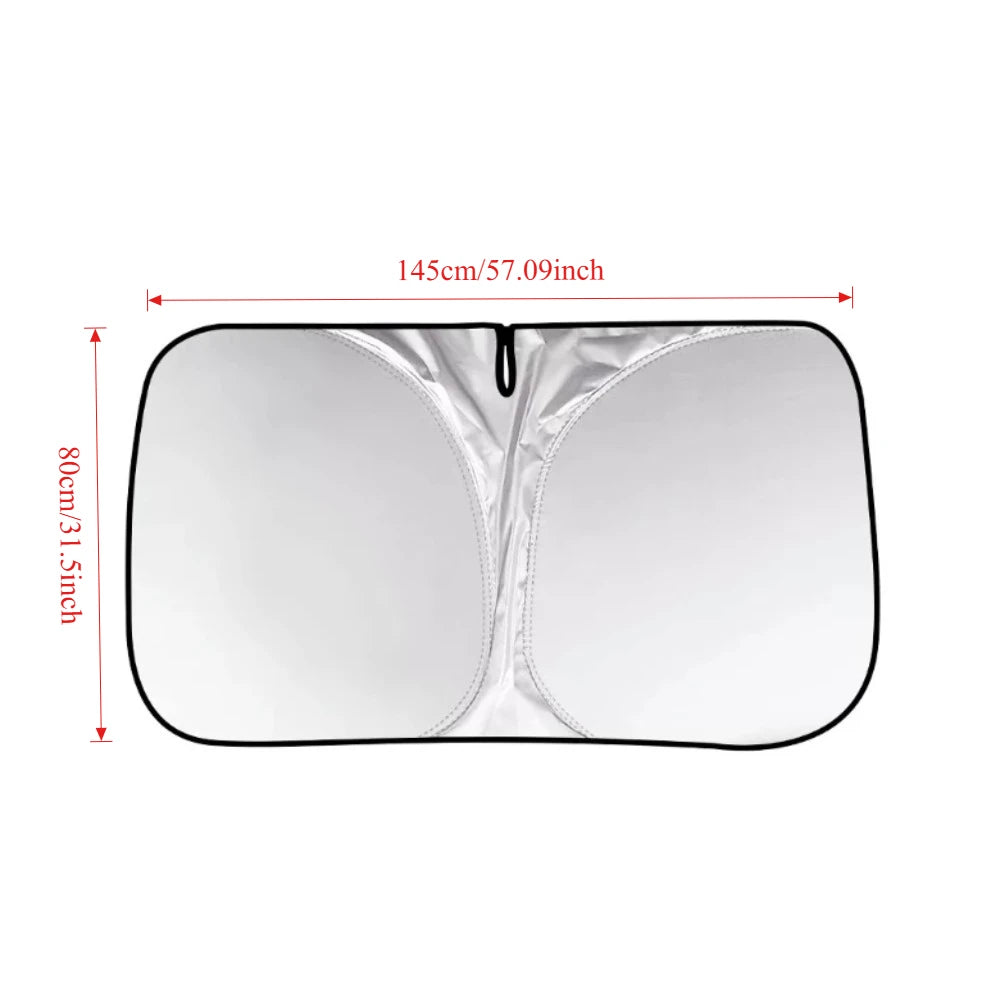 A silver foldable car windshield sunshade measuring 145cm by 80cm.