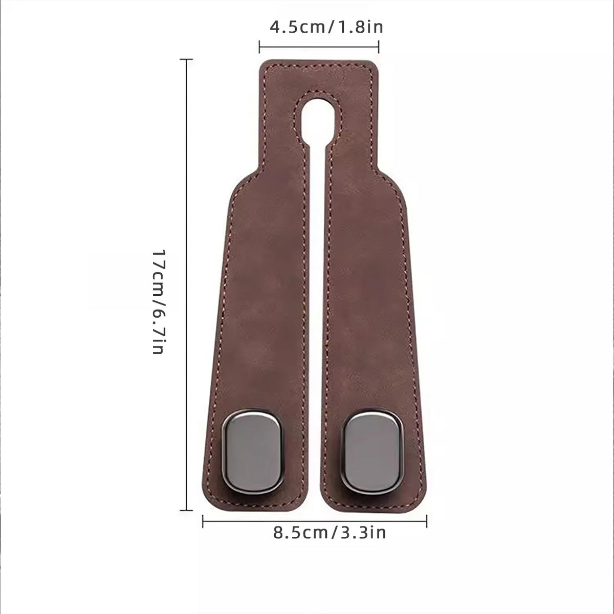 A pair of brown leather headrest hooks designed for vehicle organization.