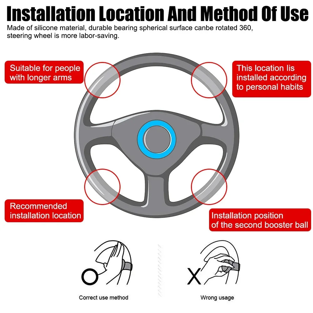Diagram showing the installation location and method of use for a universal steering wheel booster knob.
