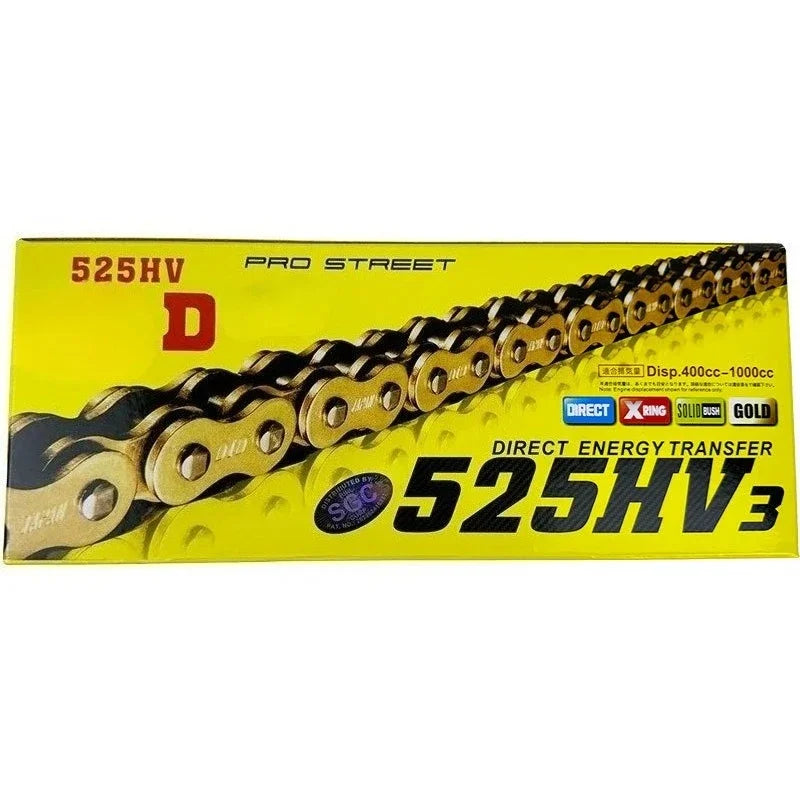 Yellow packaging for a 525HV3 direct energy transfer motorcycle chain product.