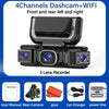 Black dashcam featuring three lenses for front and rear recording with WiFi monitoring capabilities