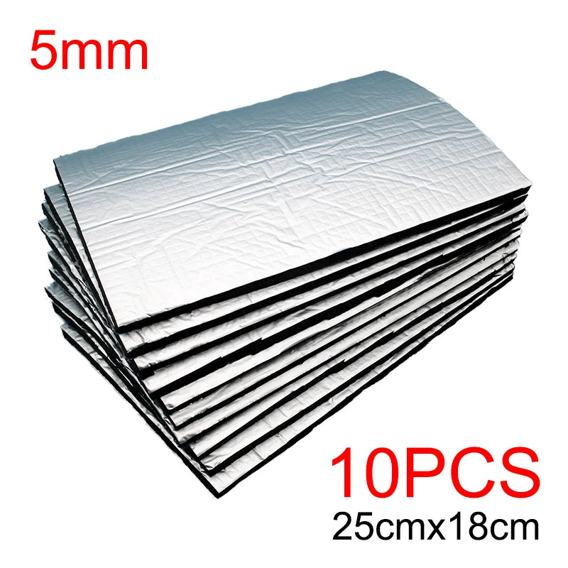 A stack of 10mm thick silver sound deadening mats, measuring 25cm by 18cm.
