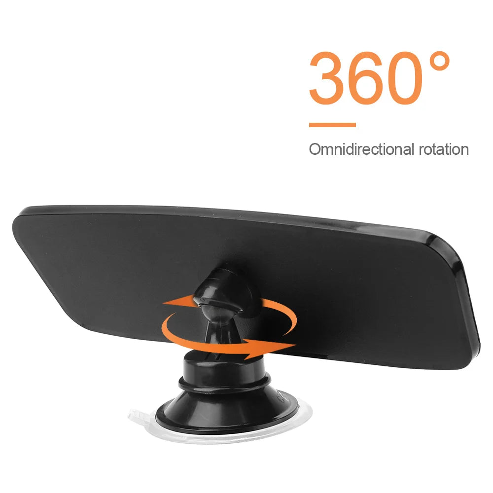 Miroir de rétroviseur noir avec base rotative, démontrant une rotation omnidirectionnelle.