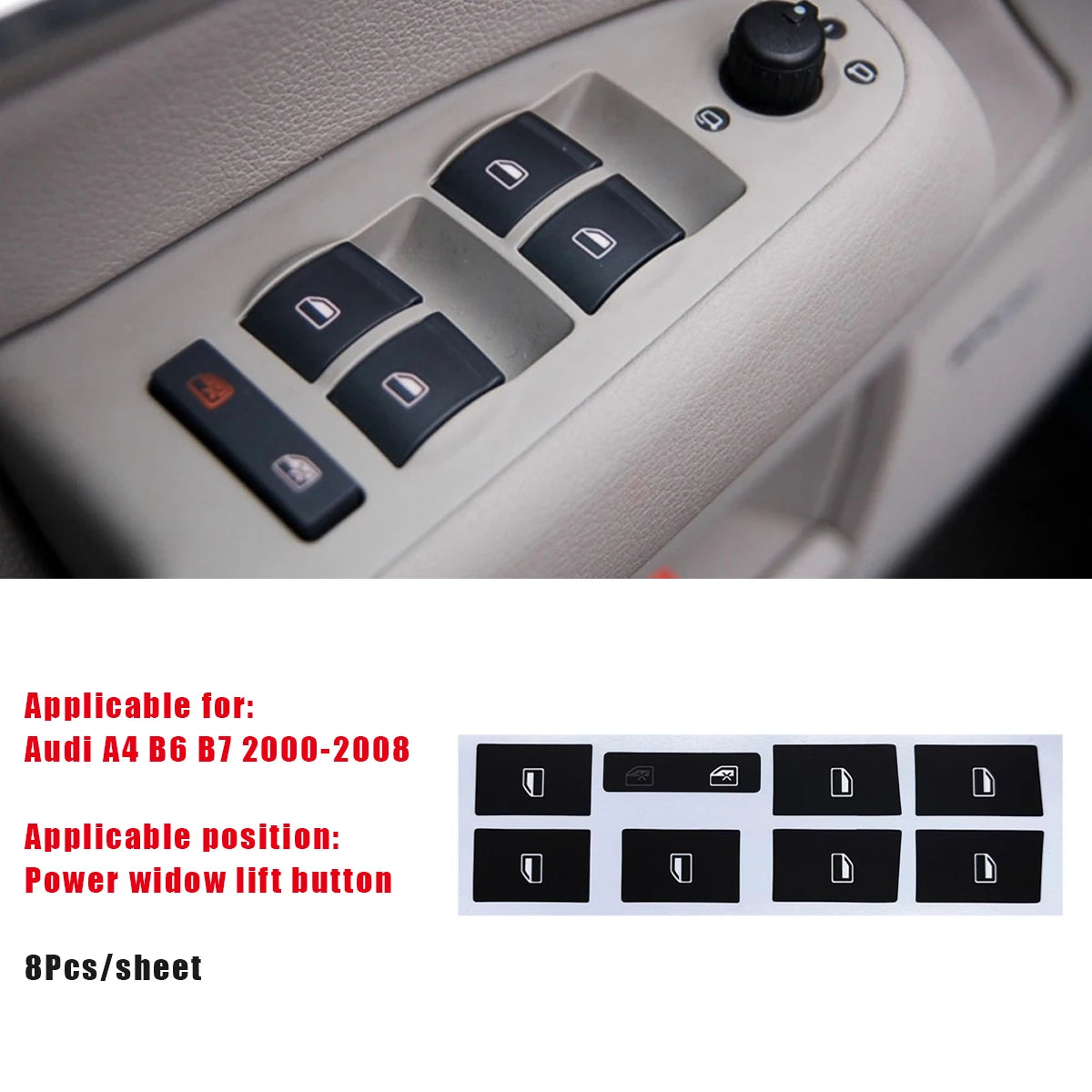 A set of black power window lift buttons for an Audi A4 B6 B7 2000-2008 vehicle.