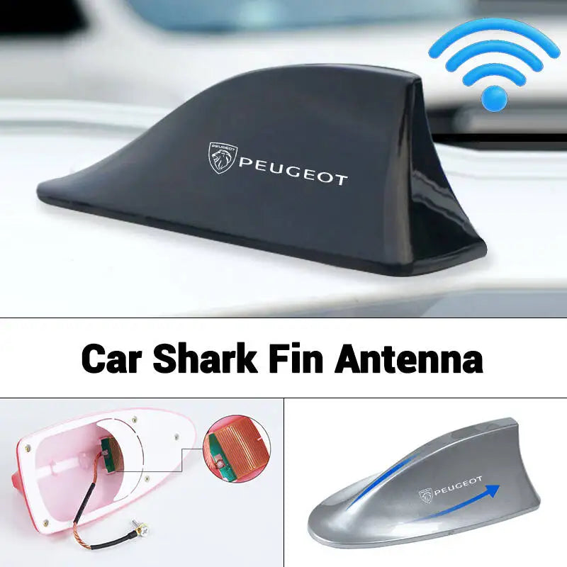 A silver shark fin antenna designed for a Peugeot car roof, shown alongside its installation components.