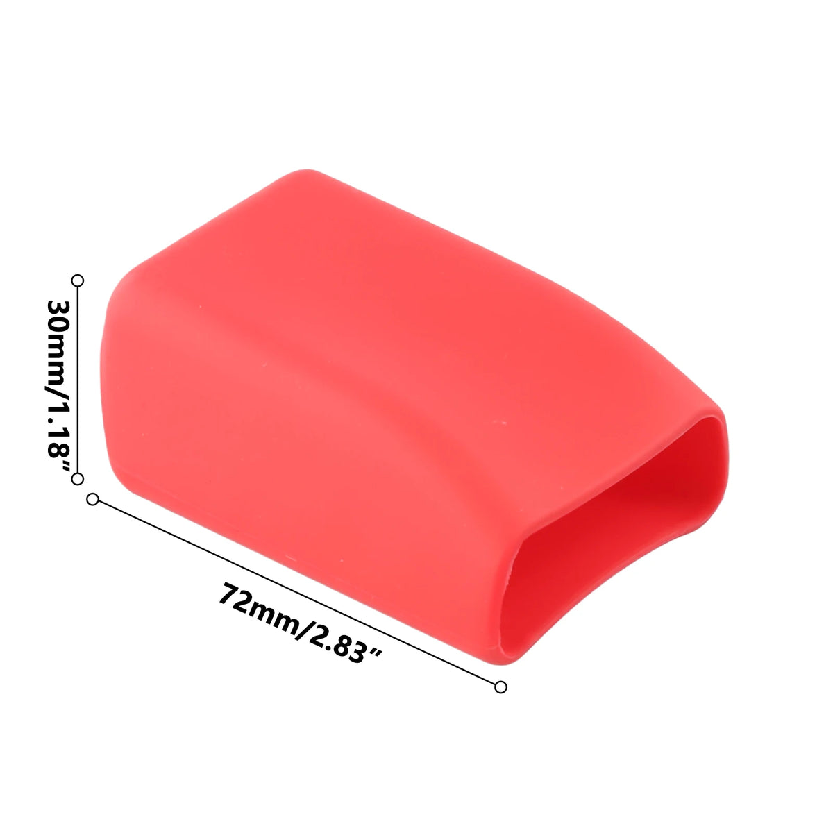 A bright red silicone seat belt buckle cover with dimensions 30mm by 72mm.