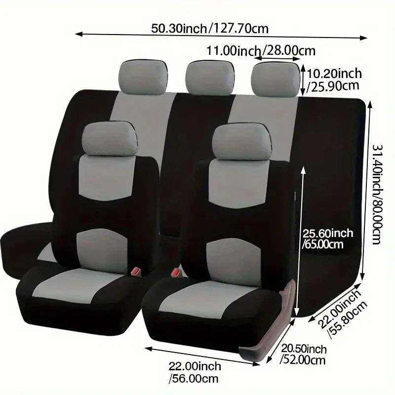 A set of black and gray universal fabric car seat covers shown with dimensions.