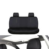 Black universal PU leather car seat cover set shown in a top-down view and installed in a vehicle interior.