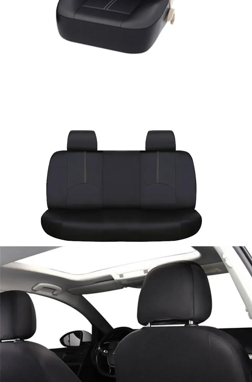 Black universal PU leather car seat cover set shown in a top-down view and installed in a vehicle interior.