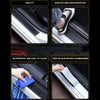 Close-up shots demonstrating the features of a carbon fiber door sill protector including scratch resistance and waterproof c