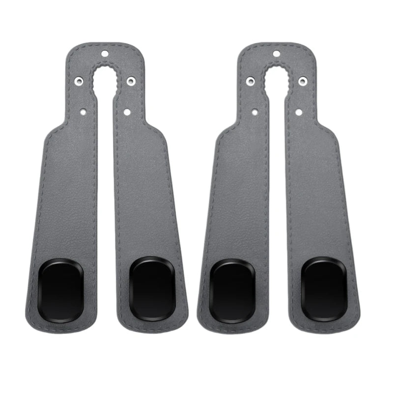A pair of gray universal car headrest hooks designed for storage organization.