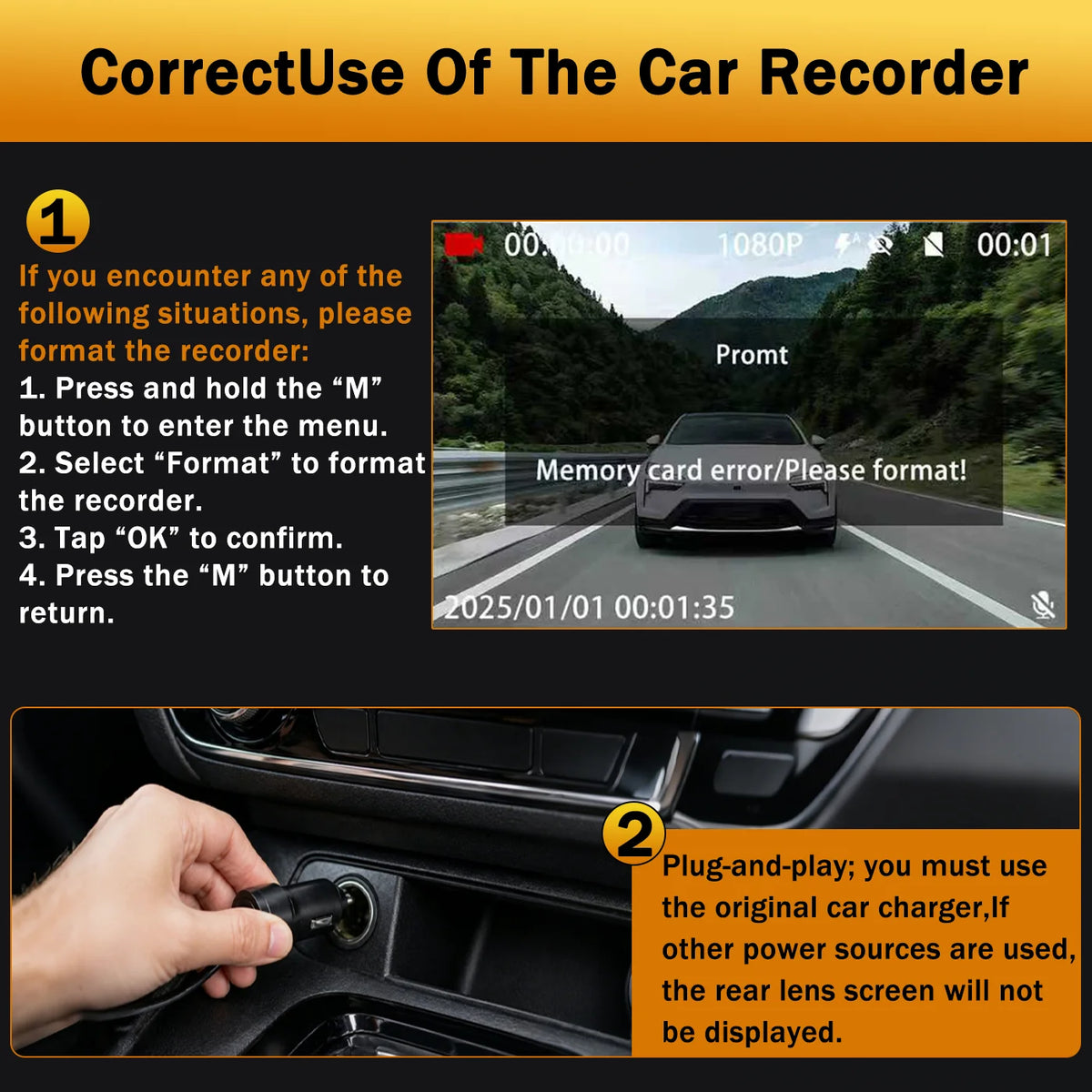 Instructions showing how to format a car recorder and plug-and-play usage of the original car charger.