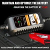 Schwarzes Batterieladegerät mit rotem Halter zur Wartung und Optimierung von Motorradbatterien.