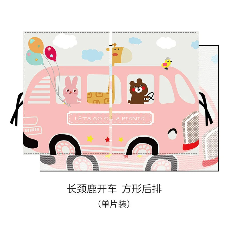 Pink magnetic car window shades featuring cute animal designs and a built-in mosquito net.