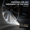 A flashlight is shown illuminating a car tire, demonstrating its use for emergency lighting.