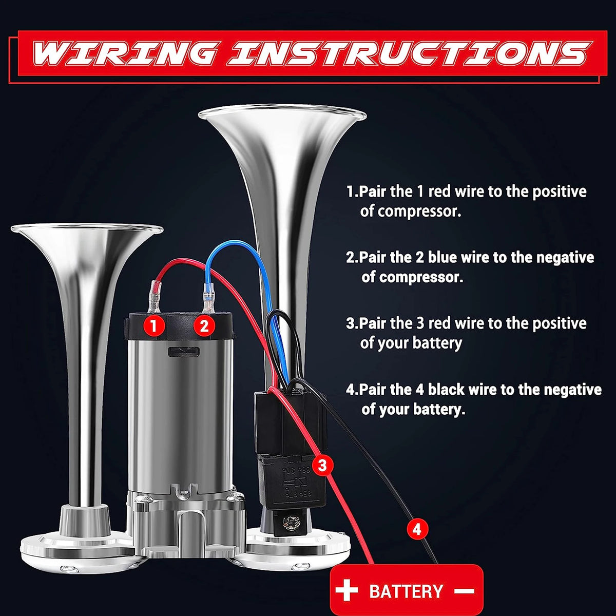 Wiring instructions for a 12V dual trumpet car horn showing connections between compressor, battery, and wires.