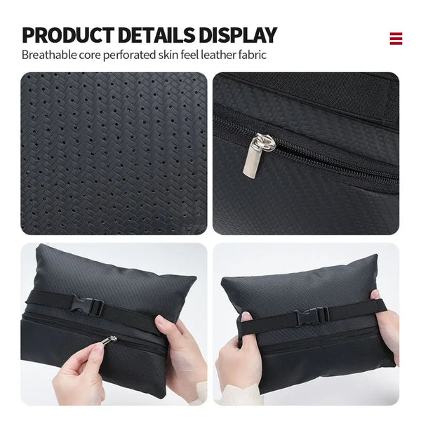 Black breathable perforated skin feel leather fabric neck support pillow with zipper detail