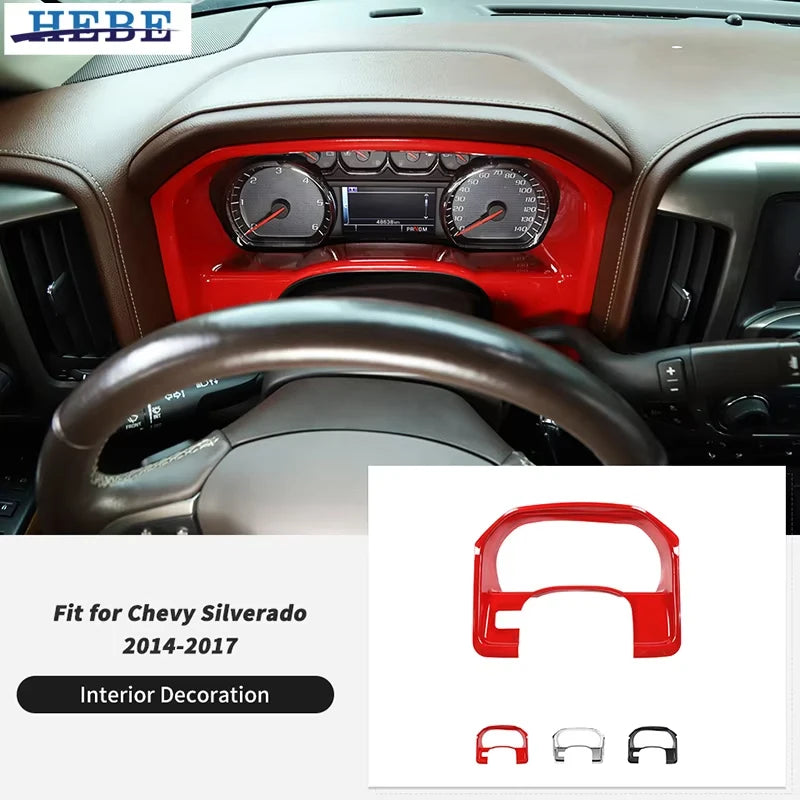 Interior decoration trim panel for a Chevy Silverado dashboard featuring red accents and gauges