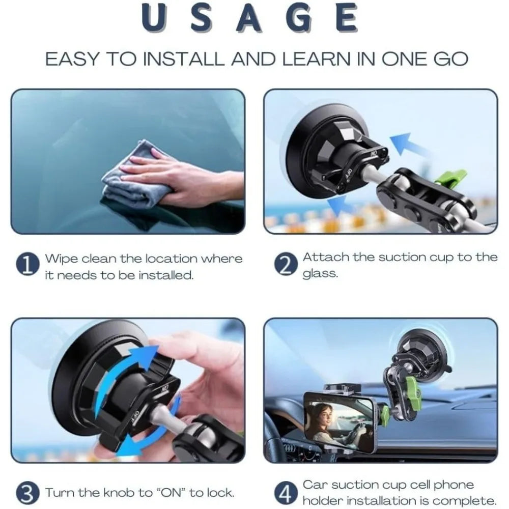 Instructions showing how to install a suction cup phone mount for a car windshield.
