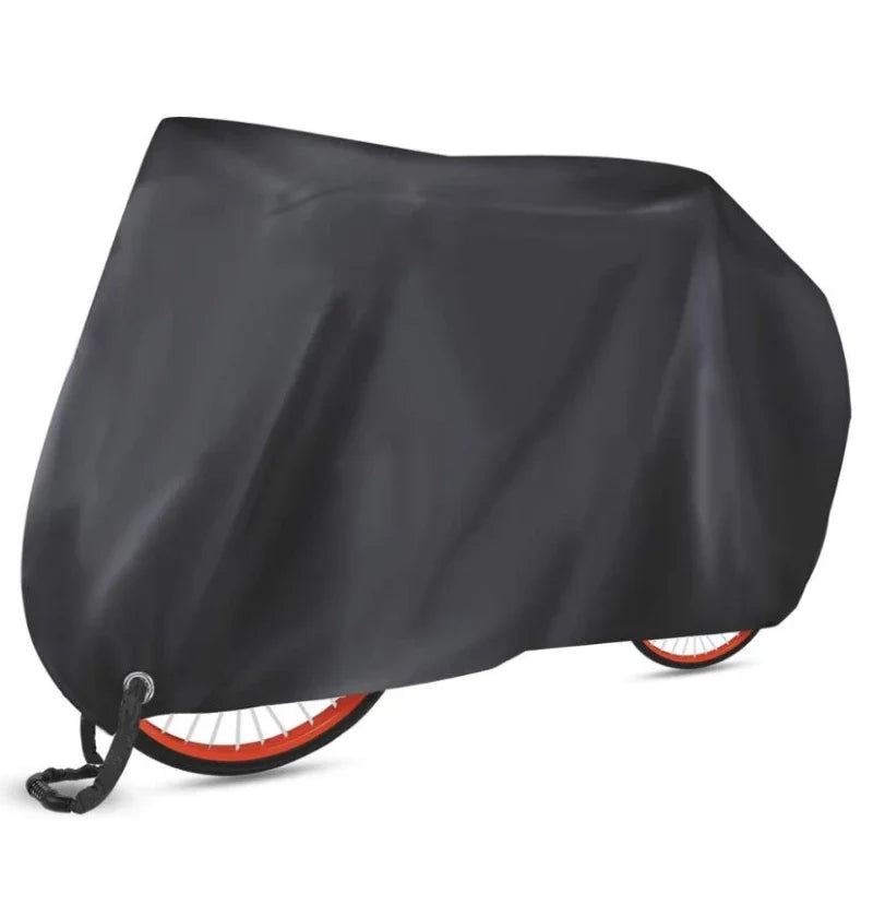 Black all-weather bicycle cover folded over a bicycle frame with an orange wheel visible.