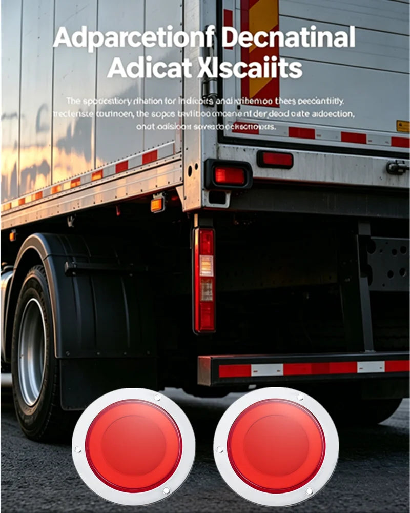 A close-up of a red round LED truck tail light with a 3D halo effect mounted on a vehicle.