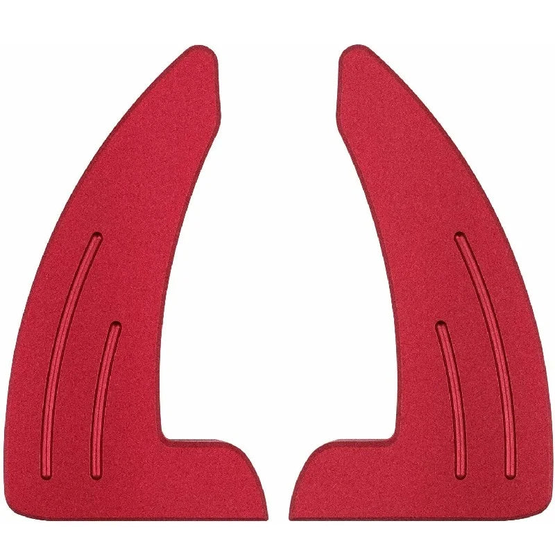 A pair of red CNC aluminum steering wheel paddle shifters.