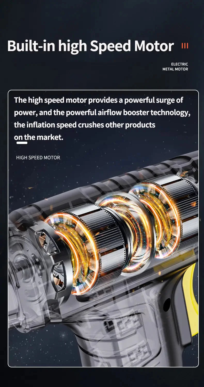Close-up view of a portable digital tire air pump showing the internal high speed motor mechanism.