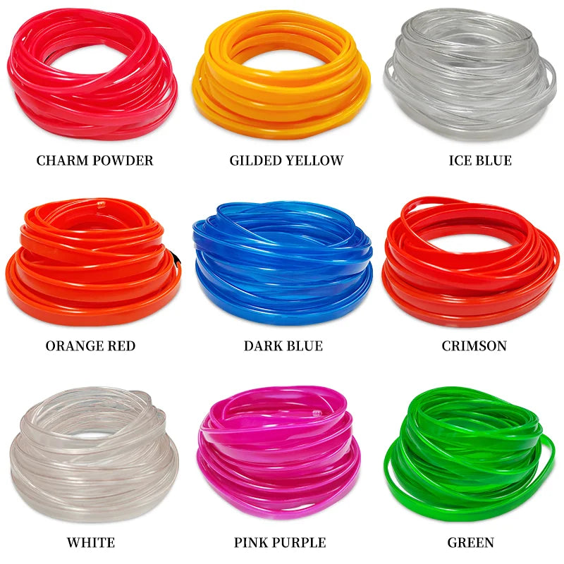 A collection of flexible LED wiring strips in various colors including charm powder, gilded yellow, ice blue, orange red, dar