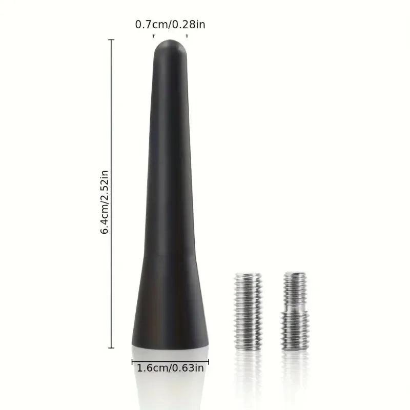 A black universal car radio antenna mount with a tapered design and threaded base.