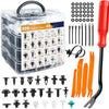 A clear plastic storage box containing 800 retainer clips and 45 pieces of various auto fasteners and tools.