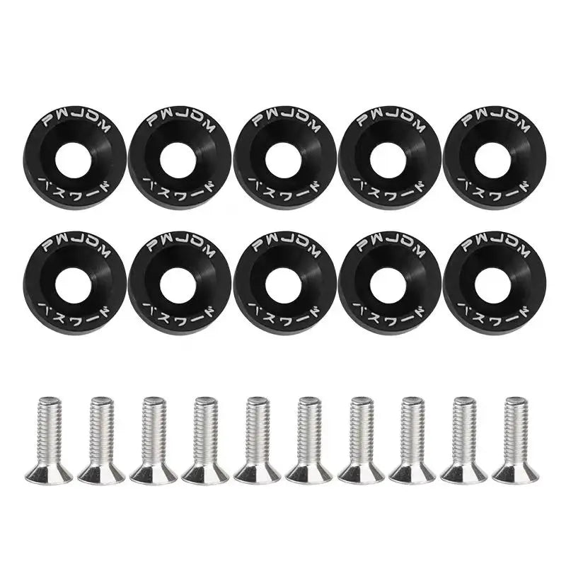 A set of black universal automotive color washers and fasteners.