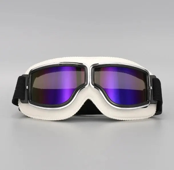 A pair of white retro folding motorcycle windproof glasses with dark purple lenses.