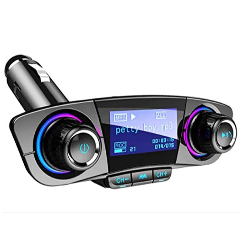A silver Bluetooth car stereo FM transmitter with multiple controls and a display screen.