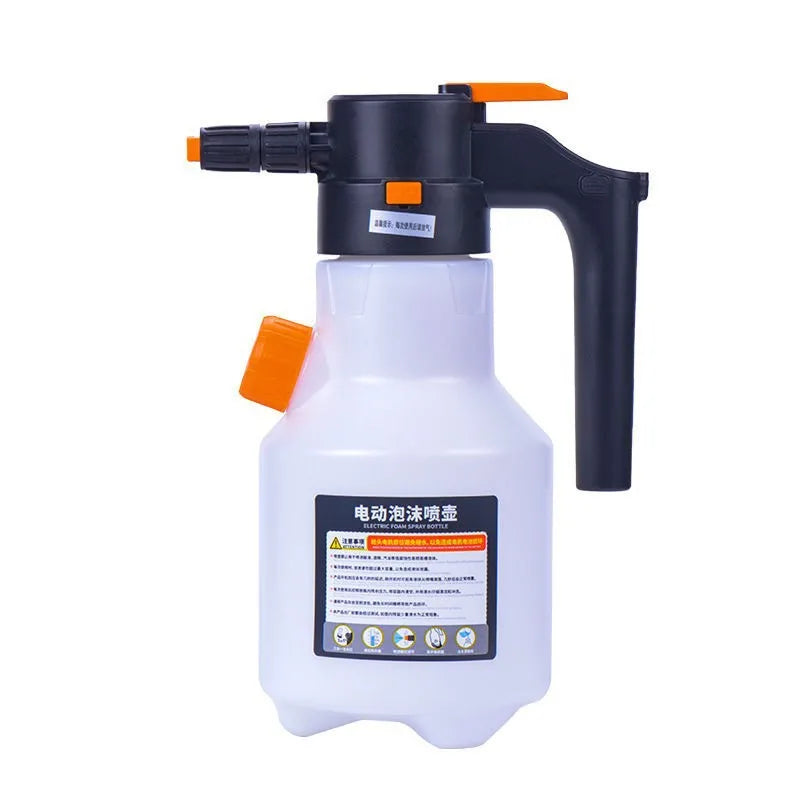 A black electric foam sprayer bottle with an orange trigger and white body for cleaning.