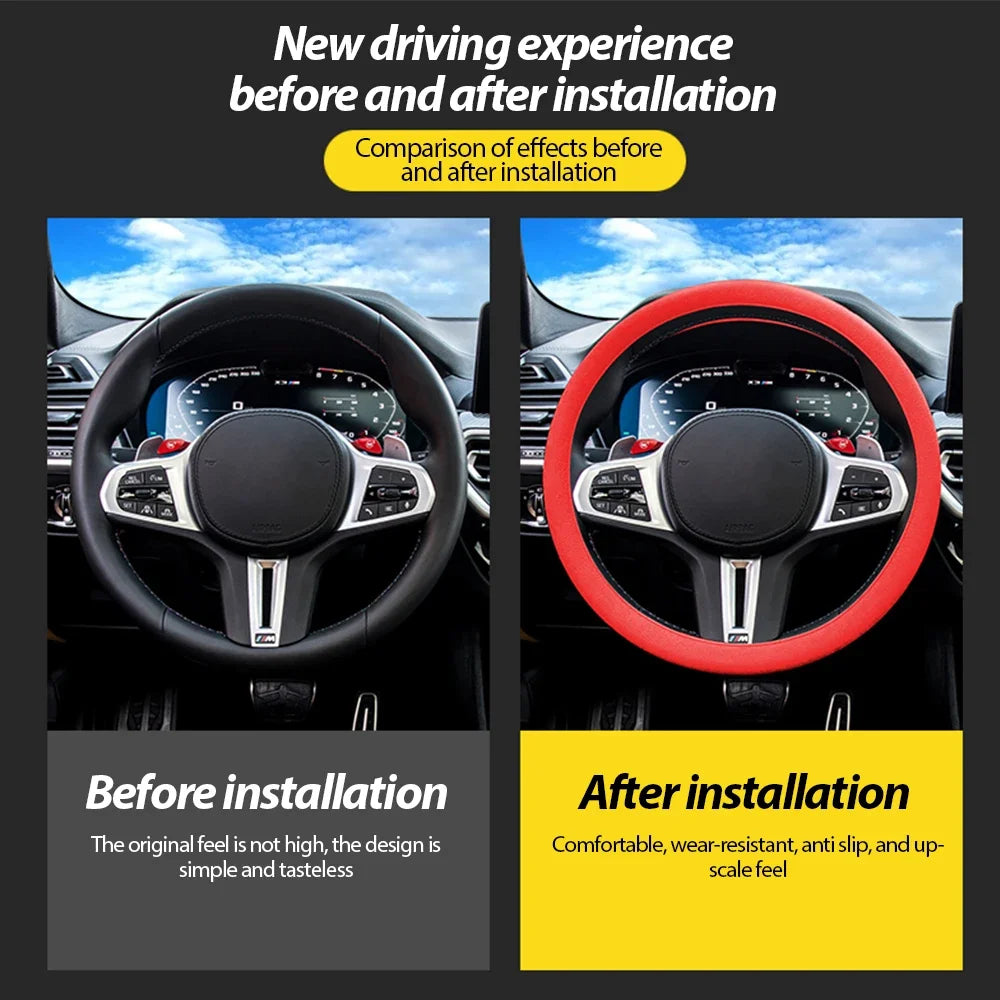 Comparison of a car steering wheel before and after installation showing the effect of a silicone cover.