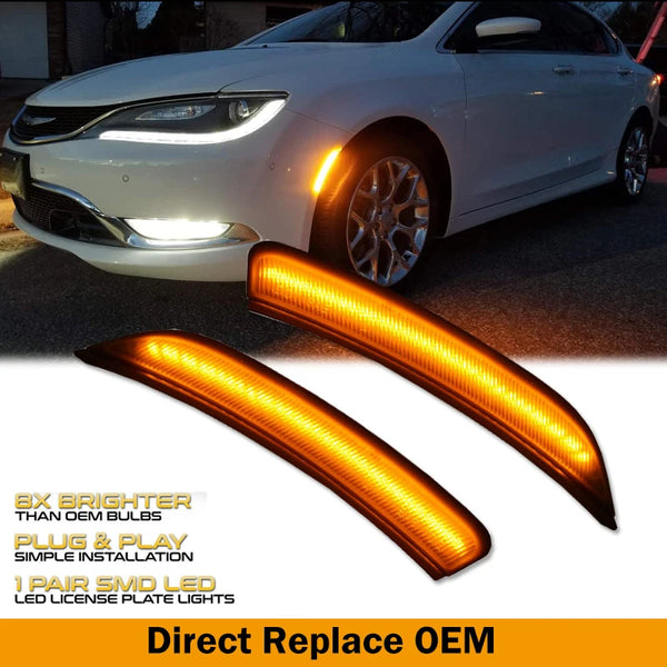 Pair of amber smoked LED license plate lights for a Chrysler 200 vehicle.